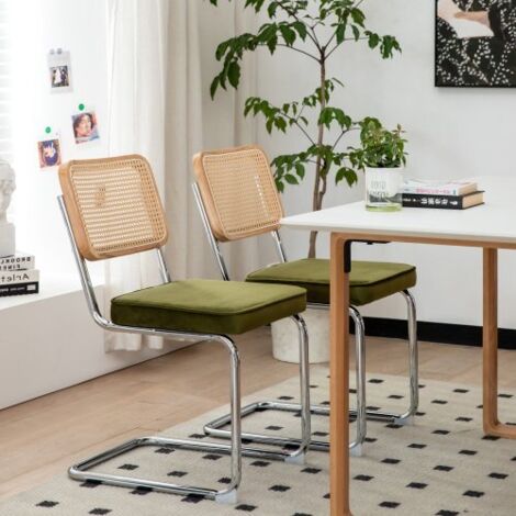 2 chaises de salle à manger avec revêtement en velours tissé en rotin et pieds chromés (1/5)