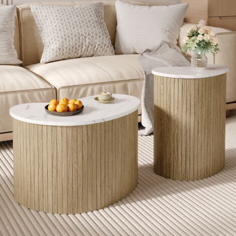 Table Basse Moderne Effet Marbre & Bois, Table d’Appoint Scandinave, Set 60x37x38 + 40x25x50 cm