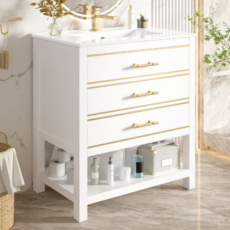 Meuble vasque salle de bain blanc 76x46x51cm avec lavabo céramique, 2 tiroirs + niche ouverte, sans robinet ni vidange (1/5)