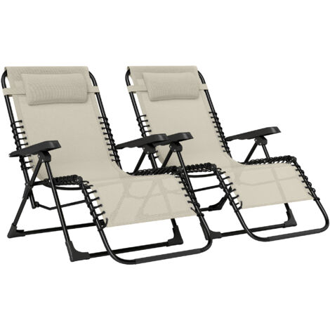 Lot de 2 bains de soleil pliants et inclinables avec appui-tête en textilène, 90 x 65 x 112 cm, couleur beige (1/5)