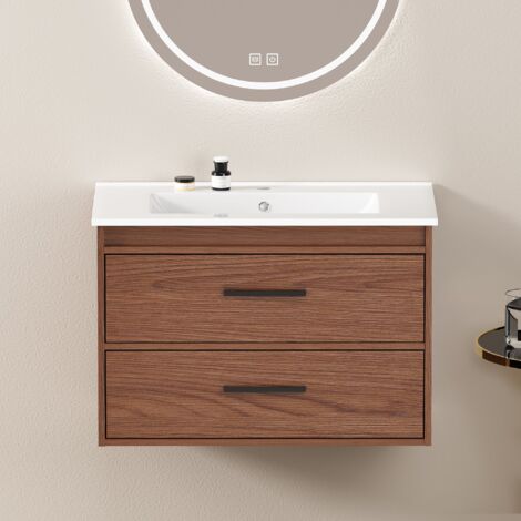 Armoire de salle de bain 75 cm marron rougeâtre, Grand espace de rangement, 2 tiroirs (1/5)