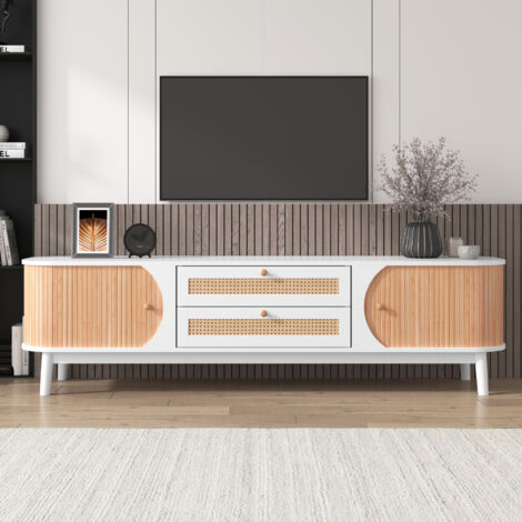 Mobile TV in Legno Naturale con Ante e Cassetti, Lati in Rattan, Contenitore (1/5)