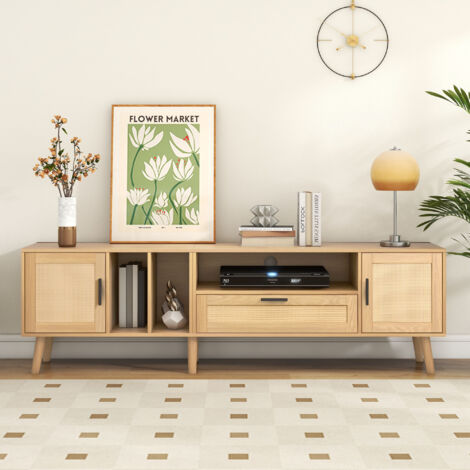 Mobile TV 180 cm, Rattan, 2 Ante + 1 Cassetto, Piedi Legno, Supporto TV fino a 80" (1/5)
