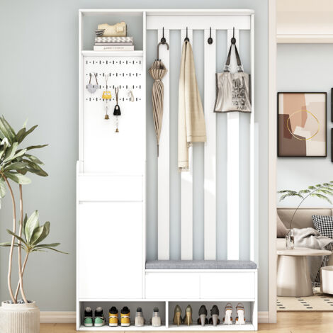 Mobile Ingresso 6-in-1 Bianco in MDF con Panchetta Imbottita, Pannello Forato, Cassetto e 4 Ganci (1/5)