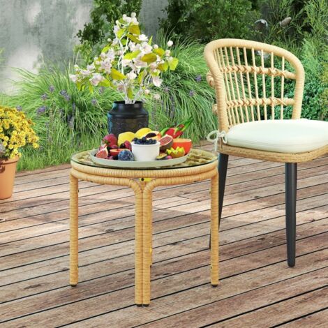 Tavolino Rotondo in Rattan PE Giallo 50 cm con Top Vetro Temperato e Struttura Acciaio (1/5)