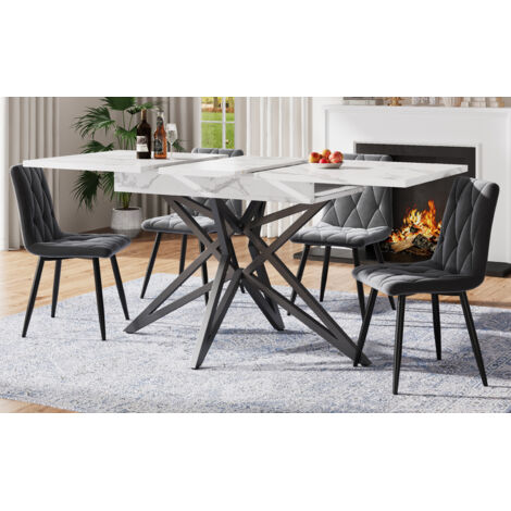 Set da pranzo con tavolo allungabile e 4 sedie, MDF effetto marmo bianco e metallo, sedie in velluto grigio scuro, 120/160x80 cm (1/5)