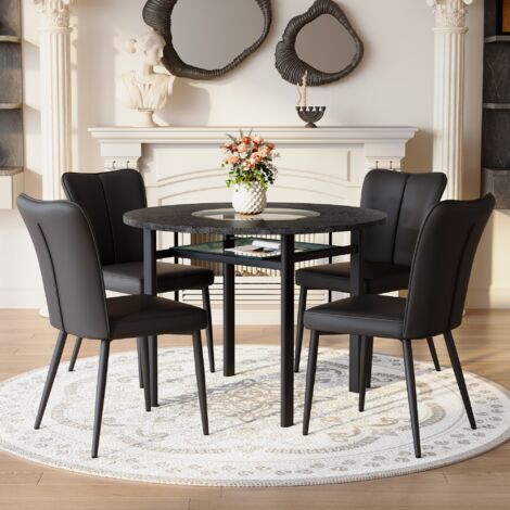 Set da pranzo con tavolo rotondo e 4 sedie in MDF, vetro, metallo e PU nero, tavolo Ø100 cm con ripiano in vetro (1/5)
