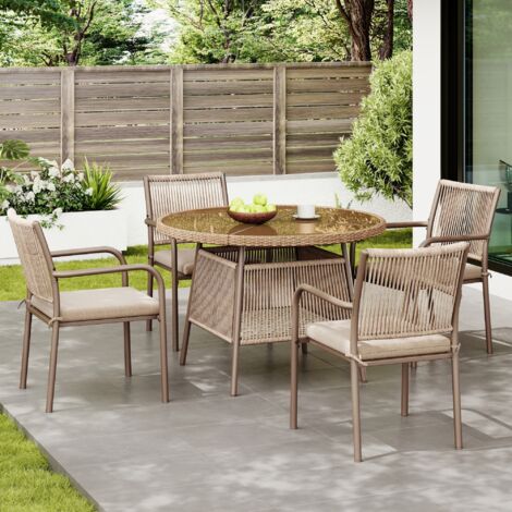 Set di mobili da giardino in ferro marrone, tavolo rotondo in vetro temperato e 4 poltrone con cuscini, 5 pezzi (1/5)