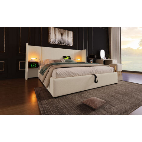 Letto contenitore 160x200 cm in lino beige con materasso, testiera con ripiani, lampada LED touch, USB e Type-C (1/5)