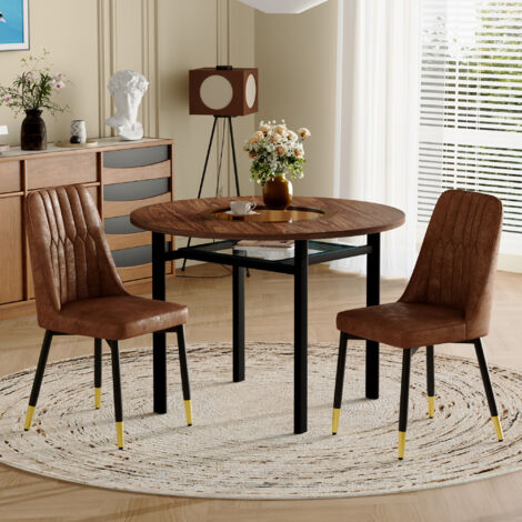 Set da pranzo con tavolo rotondo e 2 sedie in MDF effetto legno marrone, vetro e metallo nero, Ø100 cm (1/5)