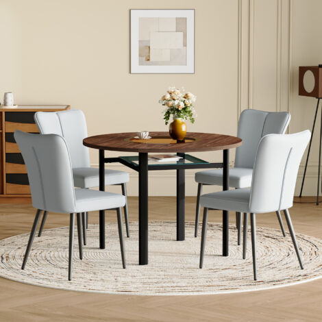 Set da pranzo con tavolo rotondo e 4 sedie, MDF effetto legno marrone, vetro e metallo, sedute PU grigio chiaro, Ø100 cm (1/5)