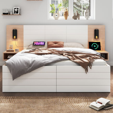 Letto matrimoniale in legno massello e MDF bianco/rovere chiaro 140x200 cm con 2 cassetti, 2 comodini, luce lettura e USB (1/5)