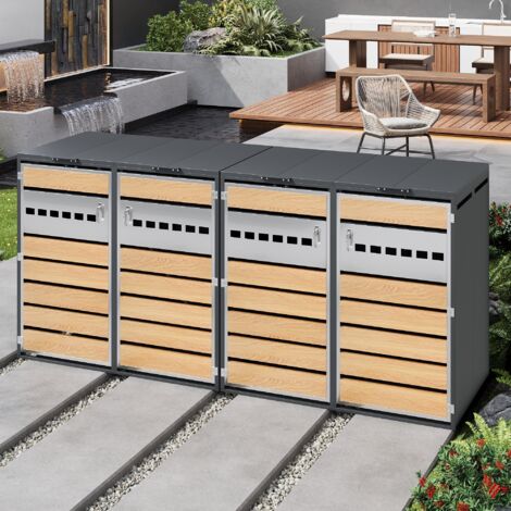 Armadio da giardino per bidoni in acciaio zincato grigio effetto legno, 4 scomparti con coperchio a ribalta idraulico e porte chiudibili (1/5)