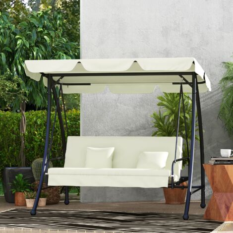 Dondolo da giardino 3 posti in metallo crema bianco con funzione letto e tettuccio regolabile 200x125x170 cm