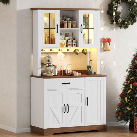 Credenza alta da cucina in MDF bianco e naturale, 105x40x185 cm, LED con APP, prese AC/USB, ripiani regolabili (1/5)