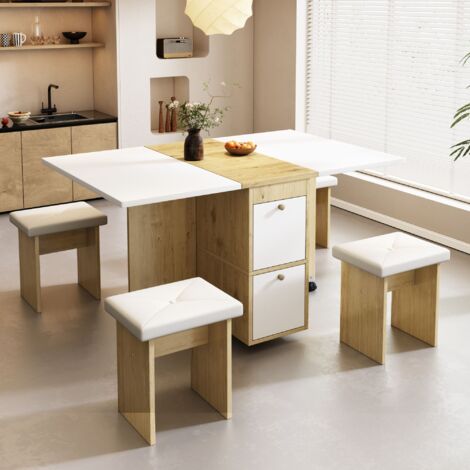 Set da pranzo con tavolo e 4 sedie in pannello truciolare bianco e rovere, tavolo pieghevole e salvaspazio 120x80x75 cm (1/5)