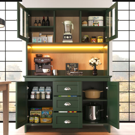 Credenza da cucina in MDF verde con ante in vetro marrone e LED, 120x40x179 cm, ripiani regolabili e cassetti