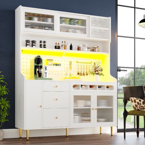 Credenza alta in MDF e vetro bianco con LED USB, ripiani regolabili, cassetto portabottiglie e portacalici, 145x39x171 cm