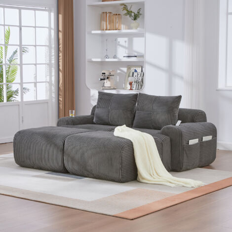 Divano modulare 2 posti in corduroy grigio scuro 200x174x80 cm con portabicchieri e tasca laterale (1/5)