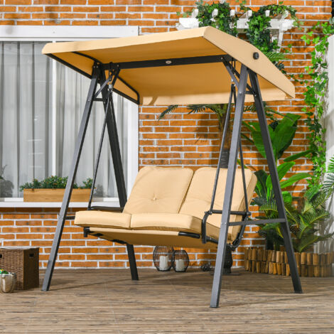 Dondolo da giardino 2 posti in acciaio beige con tettuccio parasole inclinabile, seduta imbottita, 138x106x174 cm