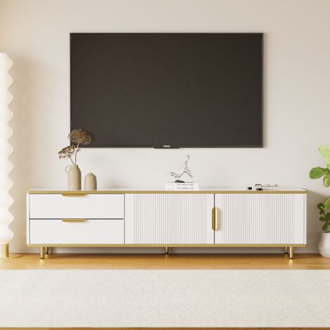 Mueble TV Bajo Con Textura Esculpida, Asas Y Patas Doradas, Mueble Salón Efecto Mármol (1/5)