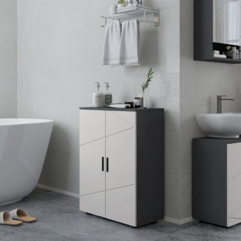Armario baño 60x30x82 cm madera gris, puertas gris claro y líneas texturizadas (1/5)