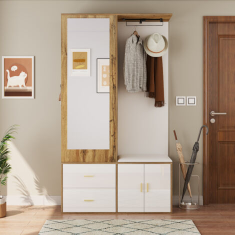 Set Entrada Blanco Y Madera Natural Con Espejo, Zapatero Banco Y Almacenaje Multifunción