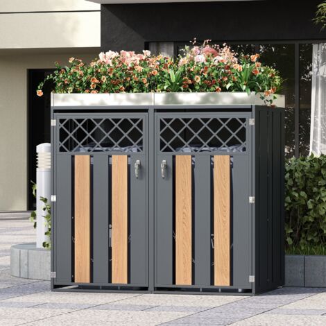 Armario para cubos de basura de jardín de acero galvanizado gris y efecto madera, doble, con jardinera superior y puertas con cerradura (1/5)