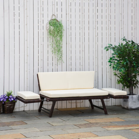 Sofá de jardín de 2 plazas en ratán sintético marrón con reposabrazos abatibles, 129x63x67 cm