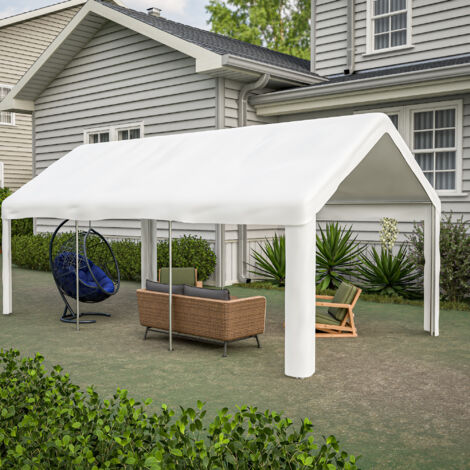 Garaje portátil exterior de tela impermeable blanca 300x600 cm, estructura de hierro, doble acceso enrollable y ventilación
