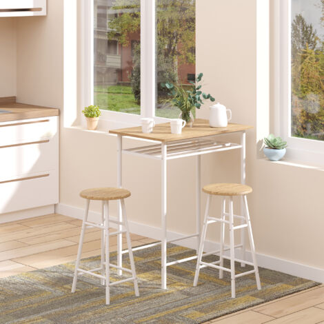 Conjunto de bar de comedor MDF blanco y metal, mesa alta 80x50x90 cm con 2 taburetes y estante inferior