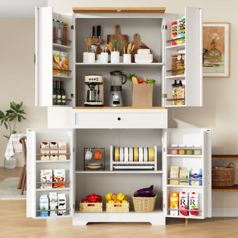 Aparador alto de cocina MDF blanco 80x40x180 cm con estantes abiertos de 4 niveles, cajones y sistema antivuelco (1/5)