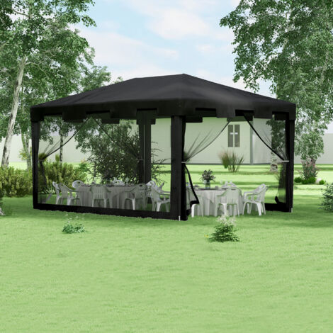 Pabellón de Jardín de metal y PE gris oscuro 395x295x255 cm con mosquiteras laterales y techo repelente al agua