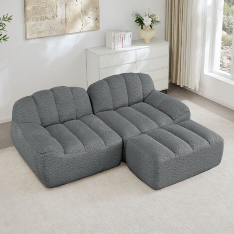 Sofá modular esquinero de fleece granulado gris, diseño sin estructura, con otomana, sin montaje y configuración flexible (1/5)