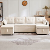 Sofá Modular 270x130 Cm Algodón-lino Beige, Gran Formato U Con Baúl Almacenaje
