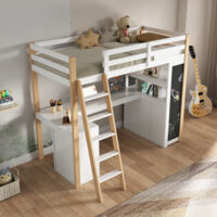 Cama Alta 90x200 Cm Escritorio Y Almacén Integrados Madera Natural Y Blanco