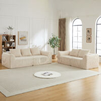 Sofá modular de pana y espuma beige, diseño curvo, asientos amplios, sin montaje
