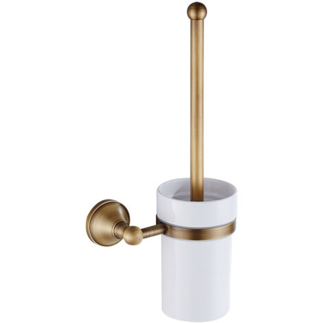 Porta scopino WC in ottone anticato con bicchiere in ceramica, anticorrosione, kit viti incluso, montaggio a parete, 36 x 10,5 cm