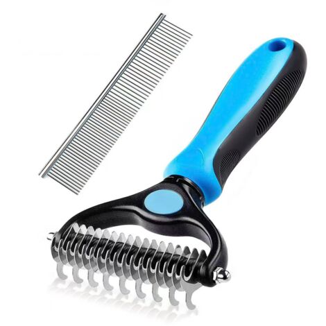 Kit per la toelettatura degli animali domestici 2 pezzi - Pettine in acciaio 16x3 cm + Districante blu a doppia faccia per cani/gatti (17+9 denti), professionale per pelo lungo/medio (1/5)