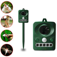 Repelente ultrasónico de aves para exteriores con energía solar, carga dual solar y USB, diseño impermeable, batería integrada, color verde césped.