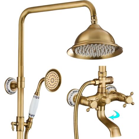 Colonne de Douche Rétro, 3 Fonction Ensemble de Douche, 8in/20cm Rond Système de Douche Antique, Porcelaine Bleue et Blanche, Robinet de Baignoire de Rotation à 90°, Réglable en Hauteur