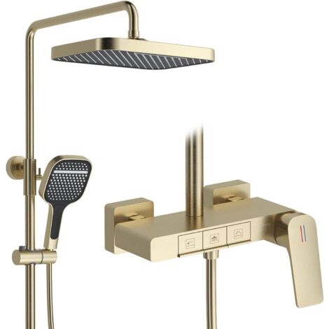 Colonne de Douche Dorée Brossé, BSS0338 Moderne Ensemble de Douche, Touches de Piano, 30x20cm Pomme de Douche, Système de Douche en Laiton 59A avec Robinet de Baignoire, Hauteur Réglable (Or Brossé)