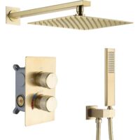 Colonne de Douche Encastrée, RSS0390 Moderne Ensemble de Douche, Systèmes de Douche en Laiton 59A, Carré Pomme de Douche, avec Douchette à Main Cuivre Or Brossé, 12in, 300x300mm