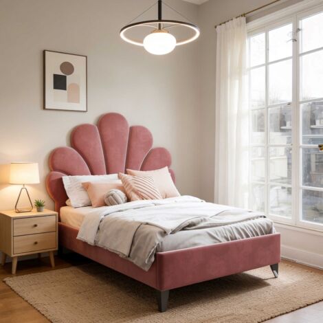 Lit enfant 90x200 cm – Velours – Tête de lit à motifs floraux – Confortable – Idéal pour enfants
