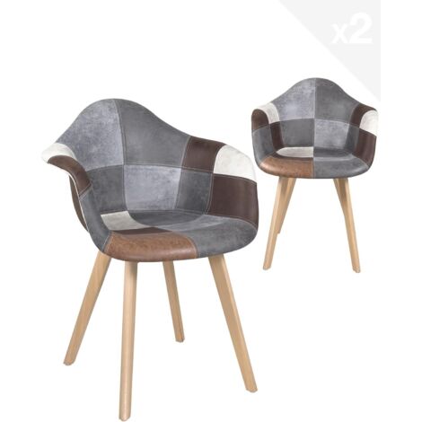 Ensemble de 2 fauteuils scandinaves patchwork multicolores, assise avec accoudoirs, rembourrage en mousse, pieds en bois de hêtre clair NEDA (patchwork marron) (1/5)