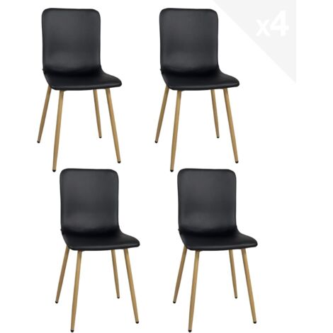 Ensemble de 4 chaises de salle à manger pour salon, assise en similicuir noir, pieds en métal rembourrés effet bois clair poli (noir) (1/5)