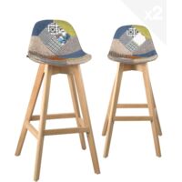 Ensemble de 2 chaises de bar scandinaves, hauteur 67 cm, assise en patchwork, pieds en hêtre naturel Mali (motif floral).