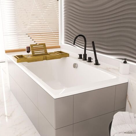 ECOLAM Baignoire rectangulaire Tami 200x90 cm en acrylique + Planche en Bambou pieds siphon silicone baignoire pour deux personnes (1/5)
