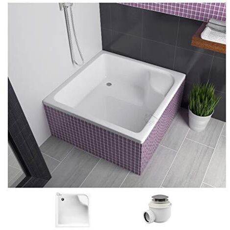 ECOLAM Receveur de douche profond carré Dante avec assise 90x90, hauteur 41 cm profondeur 28 cm acrylique blanc, base en polystyrène + siphon Click clack