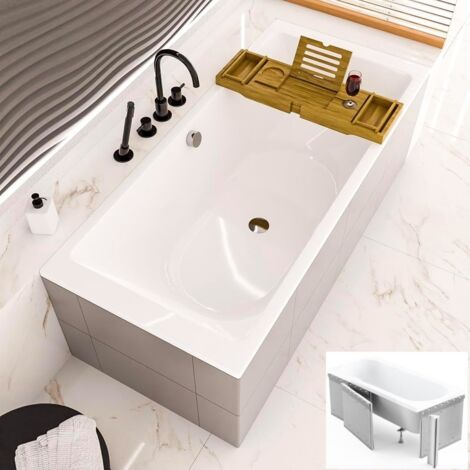 ECOLAM Baignoire rectangulaire Tami 200x90 cm en acrylique  + Planche en Bambou  support en polystyrene  siphon pieds + silicone (1/5)